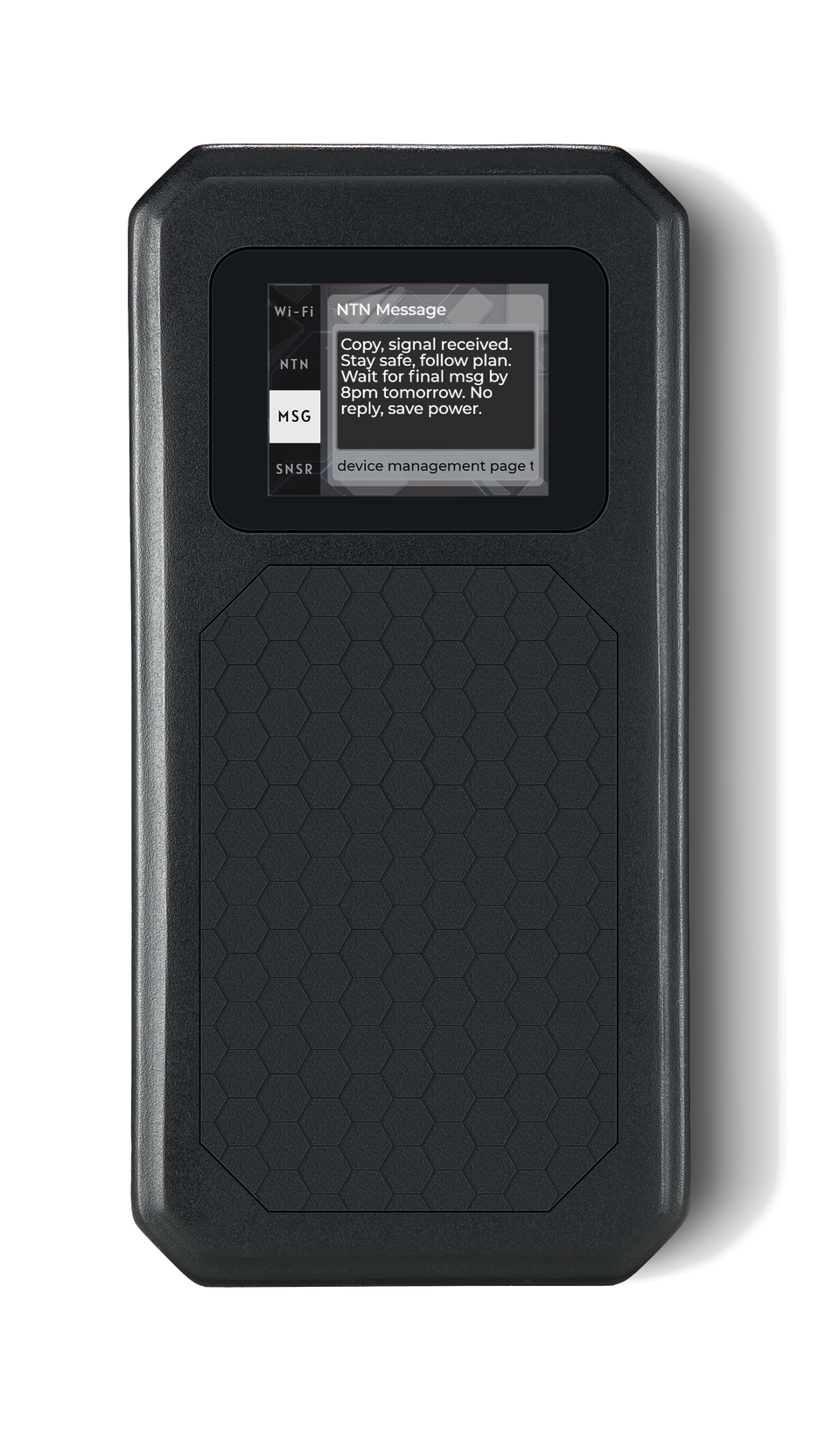 The device screen showing an NTN message received over satellite.