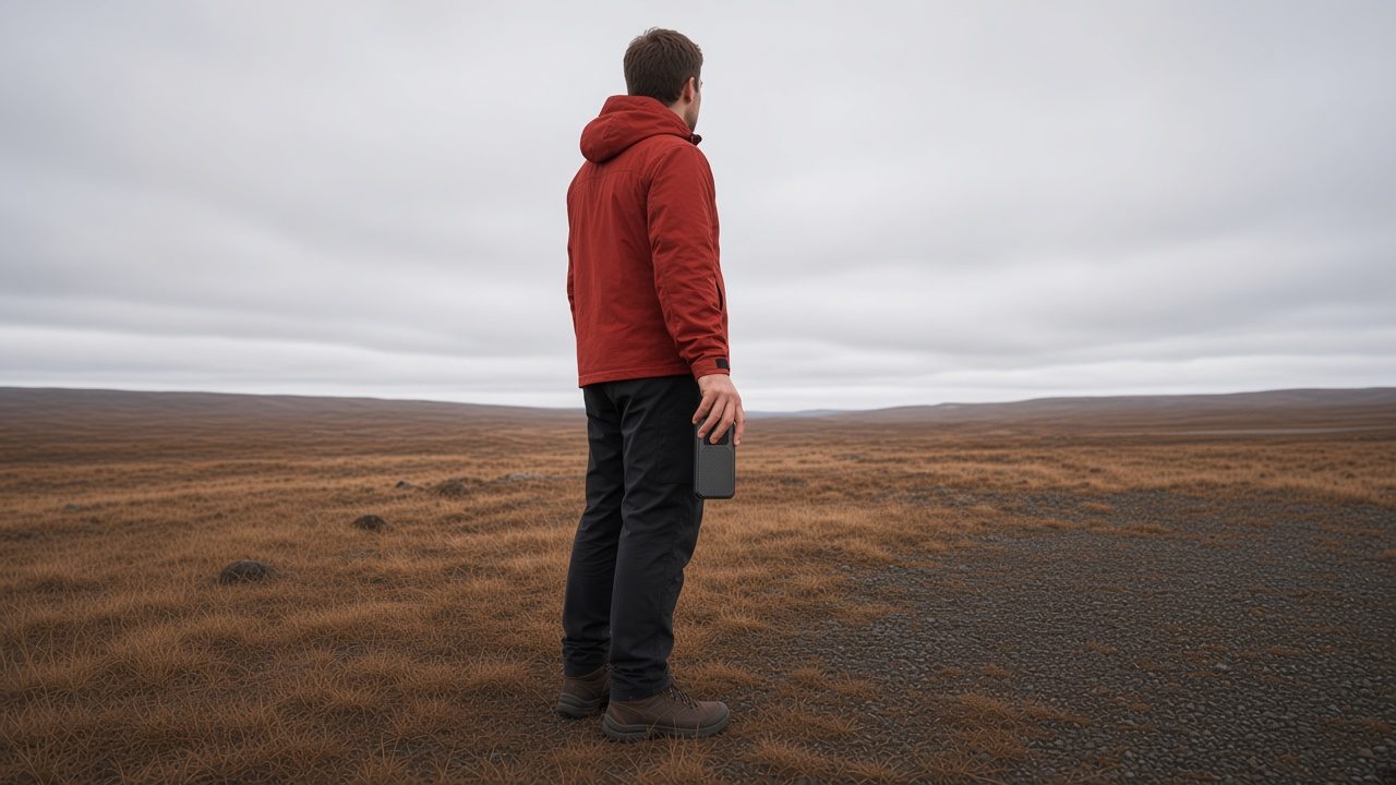 A hiker in a red jacket stands on an open Nordic highland under low cloud.