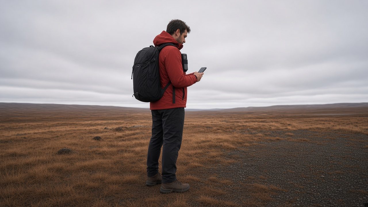 A hiker on an open Nordic highland reads a phone. The keliyes device is strapped to the outside of the backpack shoulder strap.