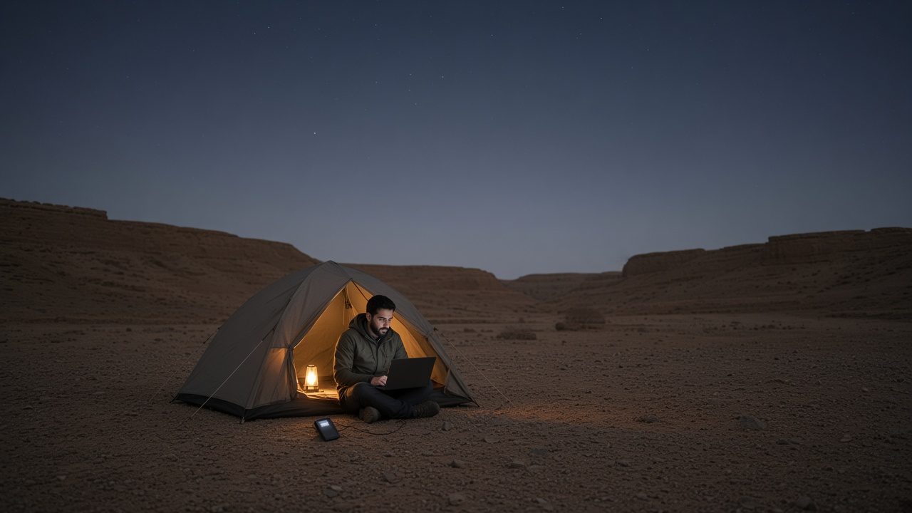 Night camp in an Omani wadi. The keliyes device charges a laptop in front of a lit tent.